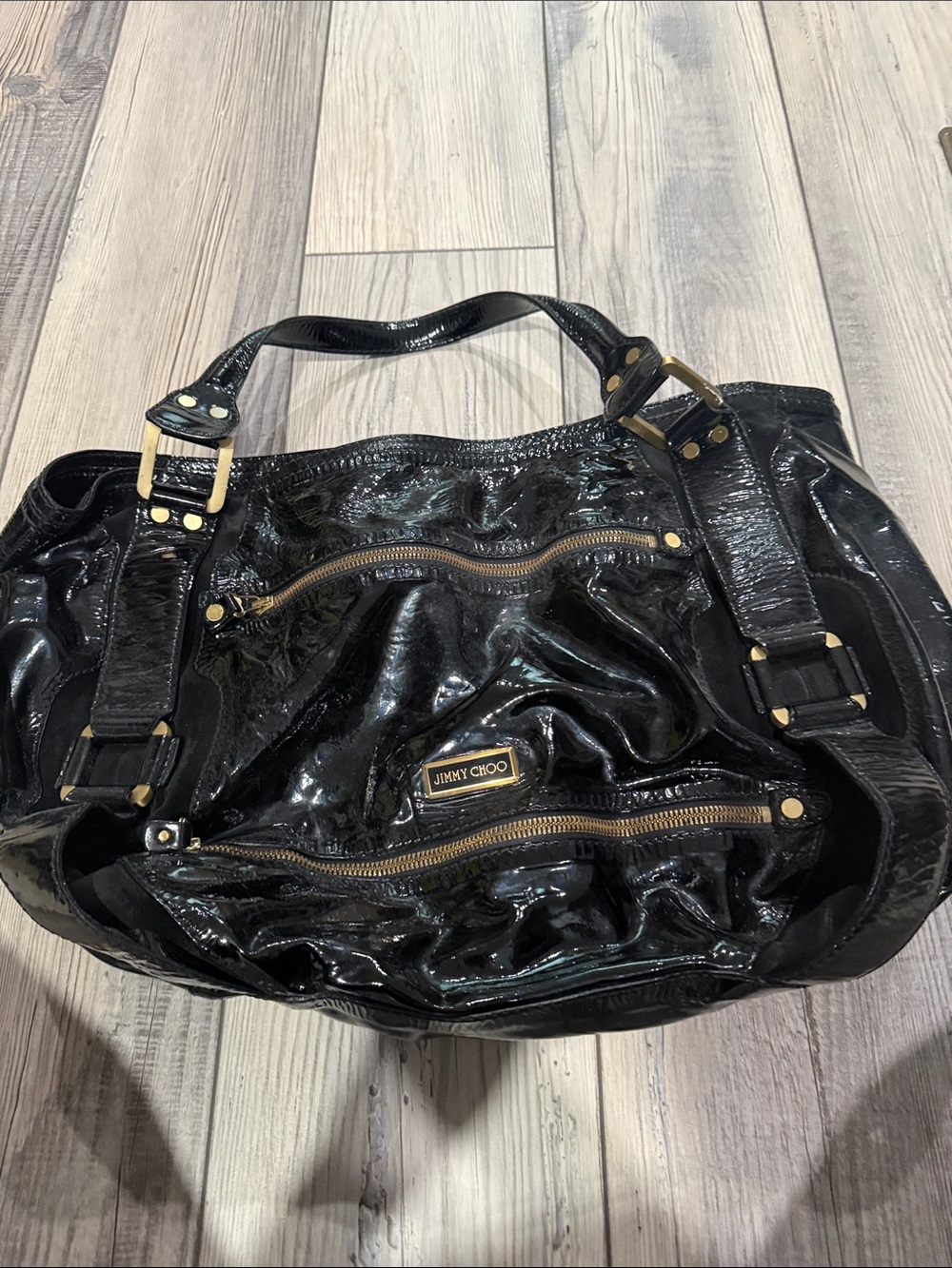 Jimmy Choo Black Patent Leather Shoulder Bag with Gold Hardware